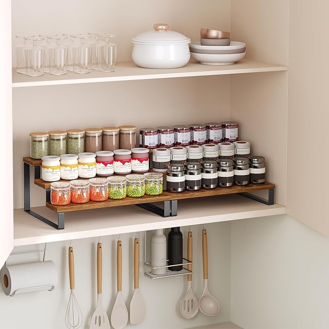 YATINEY Spice Rack, 3 Tier Wooden Display Riser Stand, Kitchen Storage Organizer for Spices, Versatile Display Shelf, Space Saving, for Kitchen Countertop and Cabinet, Rustic Brown SR03L2BR - Image 2