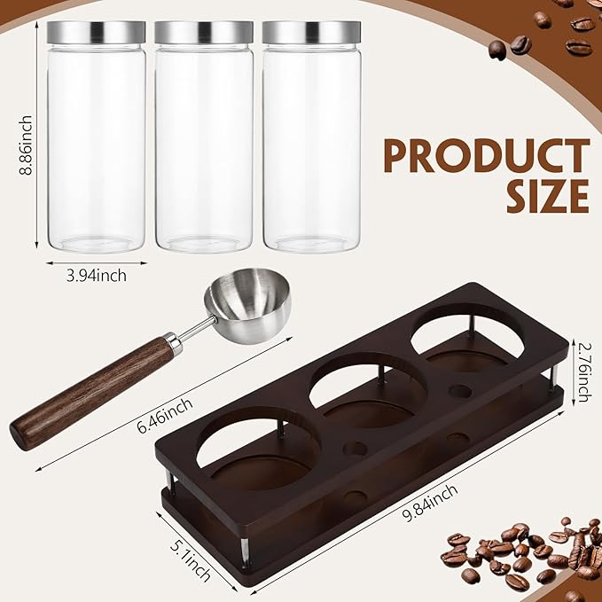 Suclain 3 Pcs Glass Coffee Bean Container 44 oz Airtight Coffee Canister with Shelf and Measuring Spoon Kitchen Food Canister Jar for Sugar Candy(Artsy Style, Wood, Glass, Stainless Steel, Acrylic)