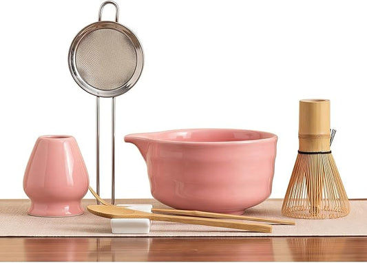 YOLIFE 7 Pcs Matcha Whisk Set, Includes Matcha Bowl with Spout, Bamboo Whisk (Chasen) with Ceramic Holder, Scoop and Powder Spoon, Sifter, Matcha Kit for Ceremony (Pink)