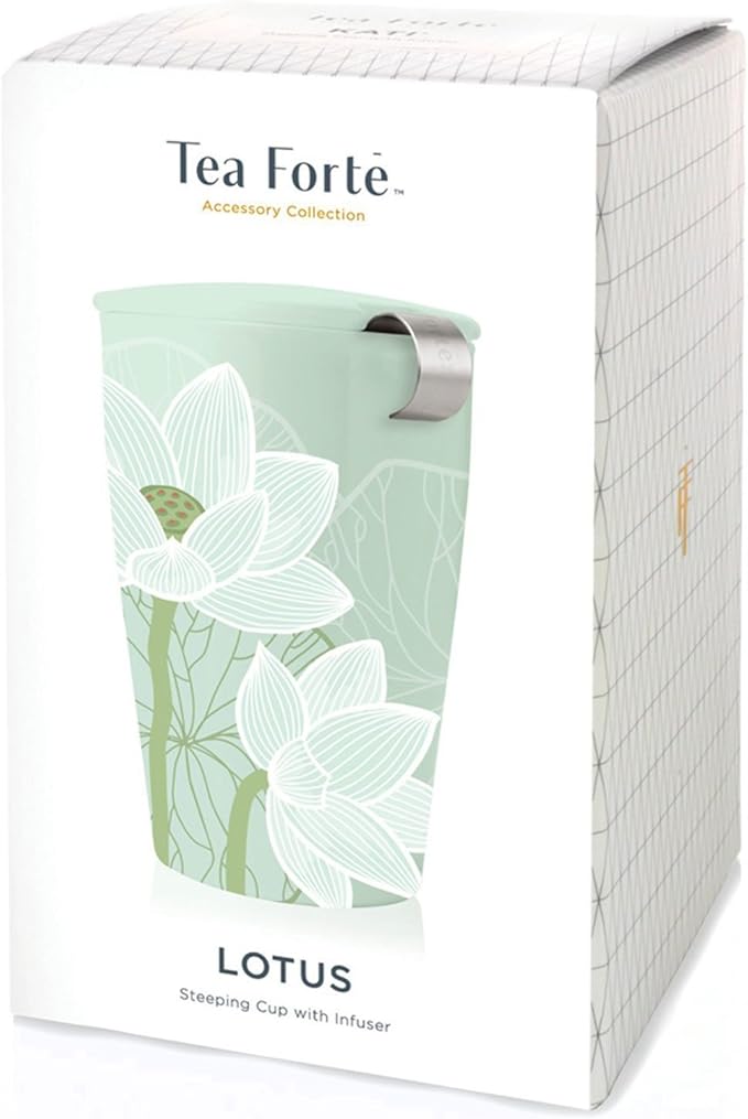 Tea Forte Double-Walled Ceramic Kati Cup, Removable Stainless Steel Infuser Basket and Lid, Steeps 12 oz Loose Leaf Tea, Dishwasher & Microwave Safe, Lotus Blossom