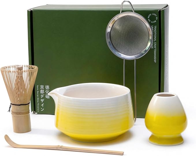 Matcha Whisk Set, Matcha Bowl with Spout and Handcrafted Bamboo Chasen, Stainless Steel Sifter, Matcha Whisk Holder and Bamboo Scoop, Matcha Tea Kit for Matcha Tea Ceremony, Yellow