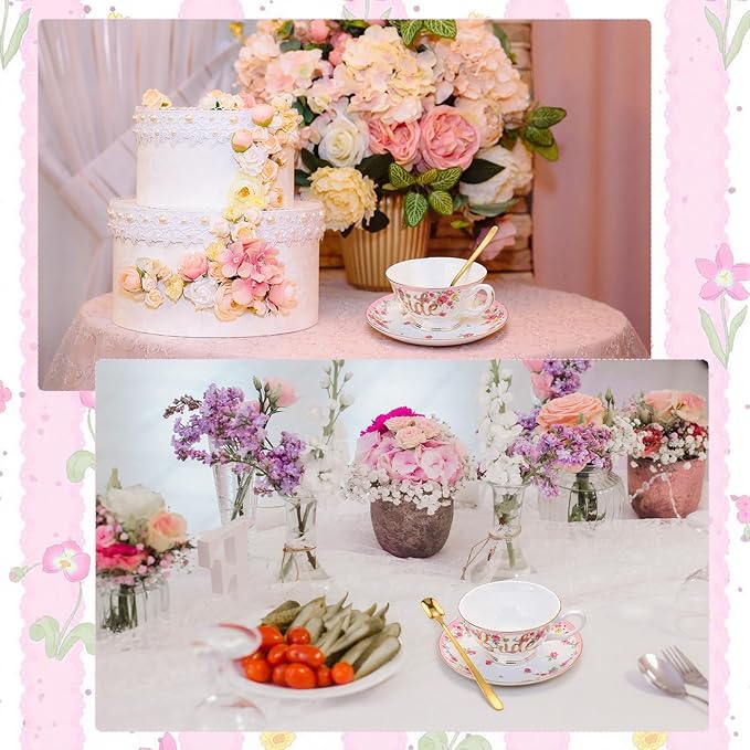 Rtteri Bride Teacup and Saucer Set 7oz Bridal Shower Teacup Porcelain Ceramic Tea Cups for Bridal Shower Tea Party Wedding Decor Victorian Elegant Coffee(Pink,Floral)