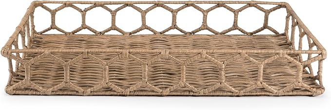 happimess TRY1001A Honeycomb 19.75" Rustic Bohemian Hand-Woven Rattan Tray for Storage,Decoration, Display, Coffee Table or Serving Food, Natural