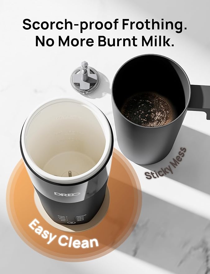 DREO Milk Frother, 4-in-1 Electric Frother for Coffee, Hot and Cold Foam Maker for Cappuccino, Flat-white, Latte with Plant-based and Dairy Milk, Multi-stage, Easy to Clean, Temperature Control, Black