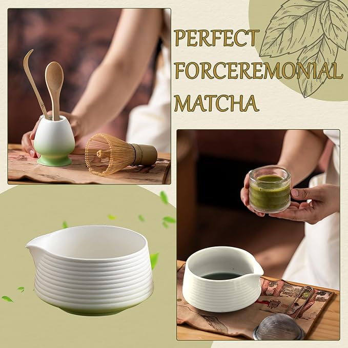 8 Pcs Matcha Whisk Set Chasen Matcha Whisk Bamboo Bowl with Spout Sifter Spoon Scoop Whisk Holder Bamboo Mat Complete Matcha Making Kit (Green)