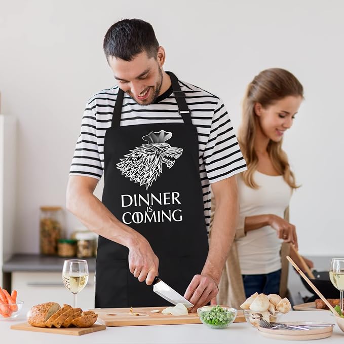Grill Aprons for Men Women, Dinner is Coming Kitchen Chef Apron with 2 Pockets and 40" Long Ties, Adjustable Bib Apron for Cooking, BBQ, Baking, Gardening, Black - Image 7
