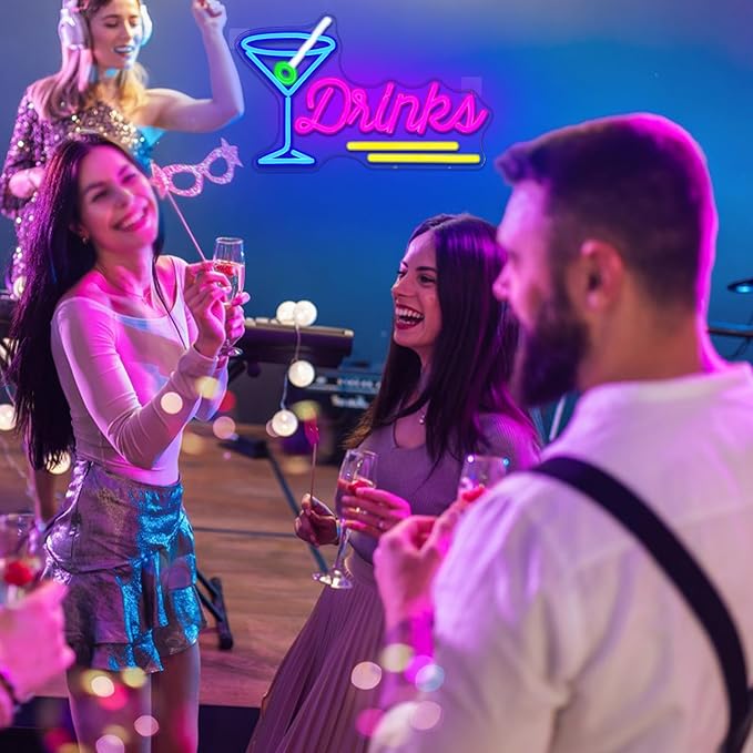 Drinks Neon Sign Dimmable Cocktail Neon Light Sign for Wall Decor Blue Pink Letters Led Signs for Bar Party Man Cave Pub Restaurant Bistro Room Decor Gift for Boys 16.5" x 10.2"