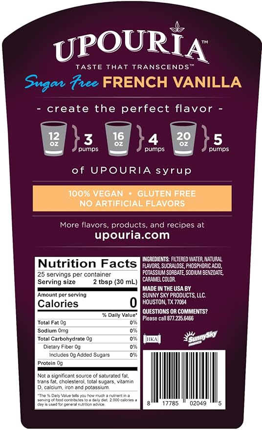 Upouria Coffee Syrup Sugar Free Variety Pack: French Vanilla, Caramel and Hazelnut, 100% Vegan, Gluten Free, Kosher, Keto, 750 mL Bottle (Pack of 3) - Pump Sold Separately