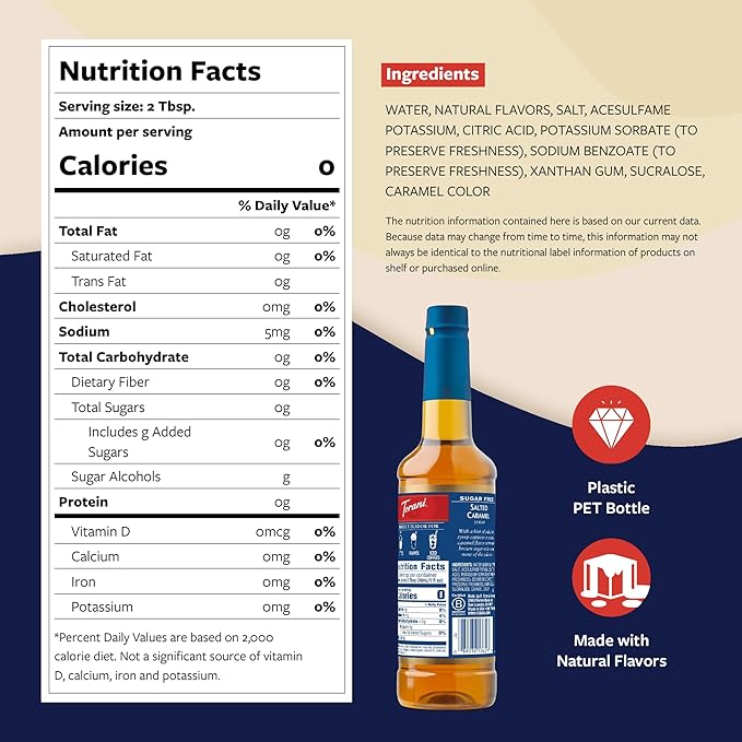 Torani Sugar Free Coffee Syrup, Salted Caramel Flavored Syrup for Drinks, Zero Calorie, Pump Included, 25.4 Fl Oz