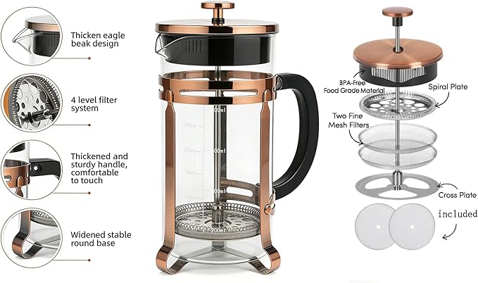 French Press Coffee Maker, 34Oz Coffee Press with 304 Stainless Steel 4 Filters, Borosilicate Glass Heat Resistant Carafe, 100% BPA-Free Teapot & Coffee Press, Copper Finish