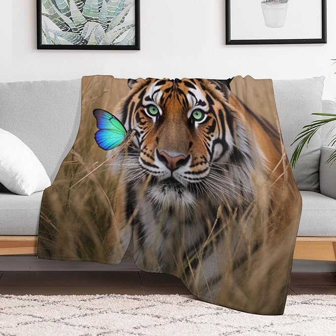 Beautiful Tiger Nature Grass Super Soft Throw Blanket, Blue Butterfly Flannel Fleece Decorative Throw for Sofa Couch Bedroom Decor Outdoor Use 30"x40"