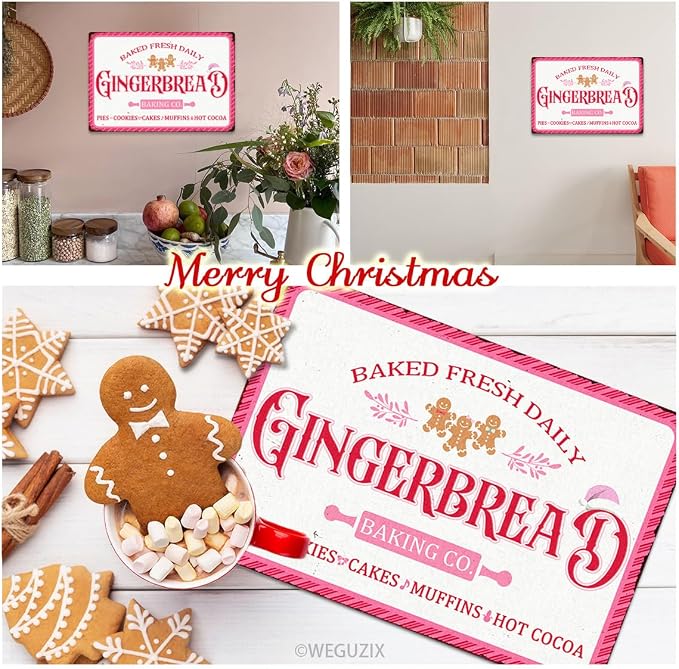 Gingerbread Baking Co Christmas Metal Sign Pink Red Christmas Vintage Print Art Poster 12" x 8" Aluminium Hanging Plaque for Home Kitchen Bakery Patio Yard Cafe Coffee Bar Wall Decor - Image 3