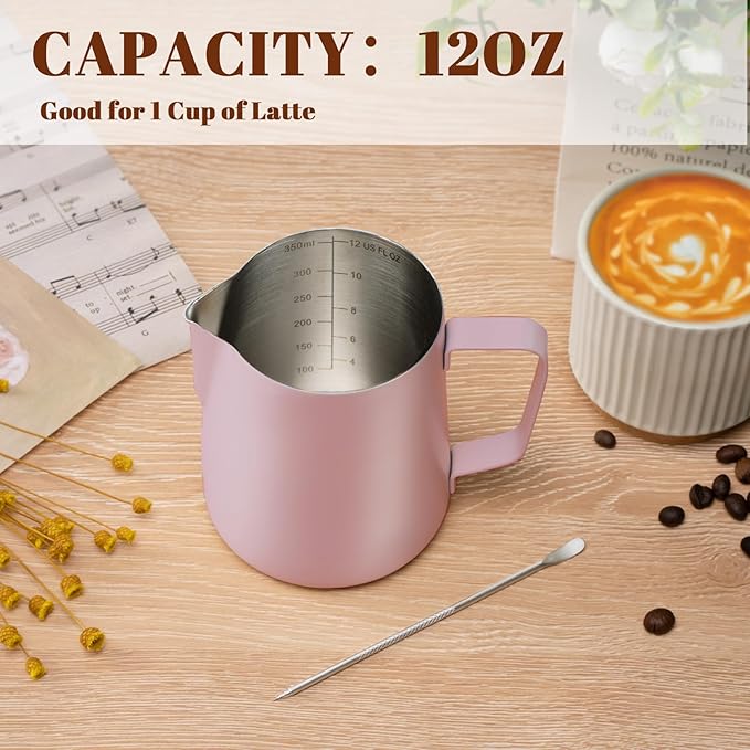 Milk Frothing Pitcher, 12 oz Milk Frother Cup with Clear Scale, 304 Stainless Steel Cappuccino Espresso Machine Accessories for Barista Coffee Bar with Latte Art Pen, Pink
