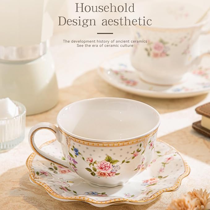 6 oz Vintage flower Ceramic cup and 6" saucer set with Brand customized stainless steel spoon Gifts for Afternoon Tea Coffee Hour(C)