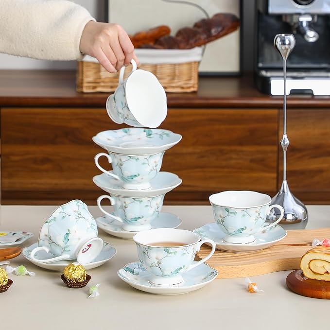 Porcelain Tea Cup and Saucer Set of 6 (12-Piece) – Ceramic 6oz Embossed Floral Cups with Gold Trim, Elegant Set for Afternoon Tea & Gifting