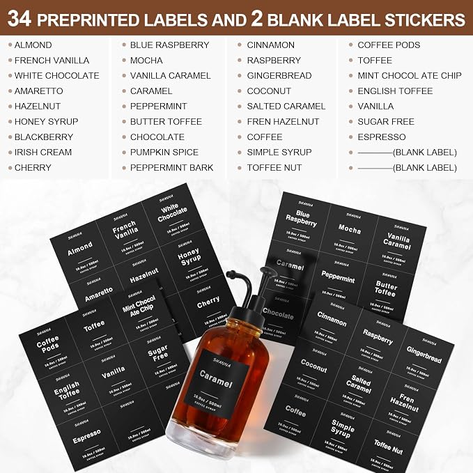 Coffee Syrup Dispenser for Coffee Bar, 16.9oz 500ml Glass Syrup Dispenser w Black Coffee Scoop, Coffee Syrup Pump Dispenser w 36 Labels and Bamboo Tray, Coffee Syrup Bottles with Black Pump, 3PCS - Image 6