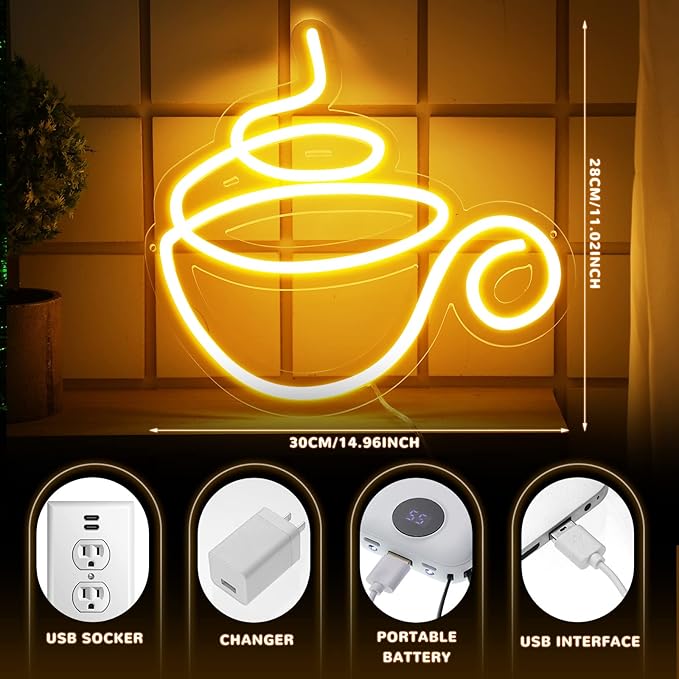 Kathfly Coffee Bar Neon Sign LED Neon Decor Modern LED Wall Sign for Shop Accessories for Cafe Restaurant Pub Art Party Decor(Coffee)