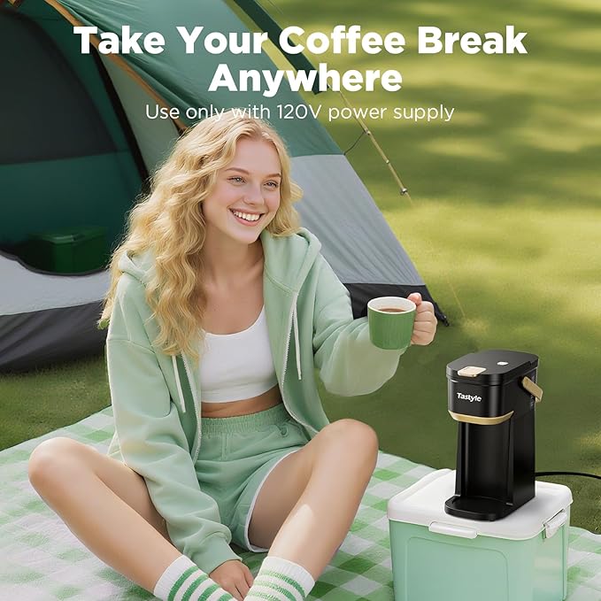 Single Serve One Cup Coffee Maker, for K Cups and Grounds, Mini Coffee Maker with Portable Handle, 6 to 12 Oz Brew Size, for Travel, Camping, Office, RV and Dorm, 120V, Black and Gold