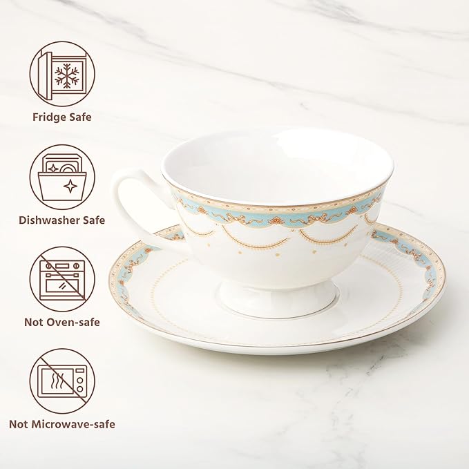 fanquare Blue Lace Teacup and Saucers Set with Gold Trim, Bone China British Coffee Cups and Saucers for Afternoon Tea Coffee Party Gifts