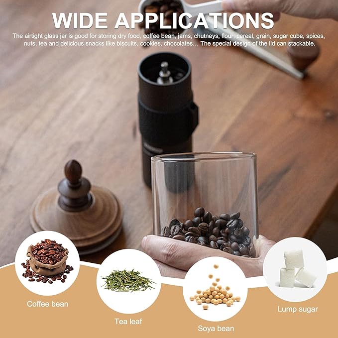 Glass Coffee Bean Jar, Airtight Retro Wooden Lid, Clear Container with Spoon, Kitchen Storage Canister for Tea, Spice, and More/550ml
