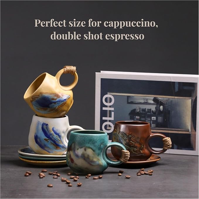 8oz Small Vintage Japanese Style Handmade Ceramic Tea Cup with Saucer , Lead-Free Cappuccino Mug, Artisanal Coffee Mug with saucer set,Handcrafted mug with handle, For Espresso, Latte ,(1, White)