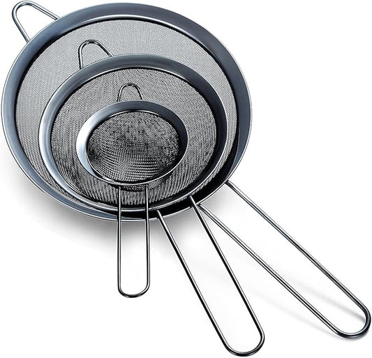 Black Fine Mesh Strainer 3 Pieces Set, Black Flour Sifter For Baking, Stainless Steel Clander, Matcha Tea Strainer, Gravy Separator, Stasher Sieve Pasta Strainers