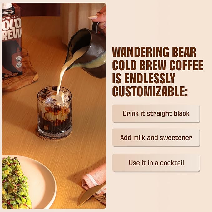 Wandering Bear Organic Unsweetened Extra Strong Cold Brew in a Box - Make Your Own Iced Coffee Drink with Wandering Bear Black Concentrate, Shelf-Stable & Vegan - 21 Servings - 32 fl.oz