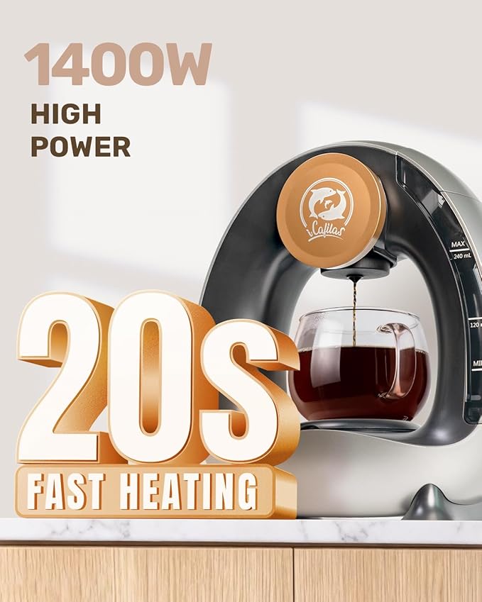 2-in-1 Coffee Maker, Fast Brew in 1.5mins, Single Serve Coffee Machine Compatible with K-Cup Pods & Ground Coffee, 1400W 20s Preheat, Compact for Home,Small Place,Office & RV, 8oz,Dark Grey