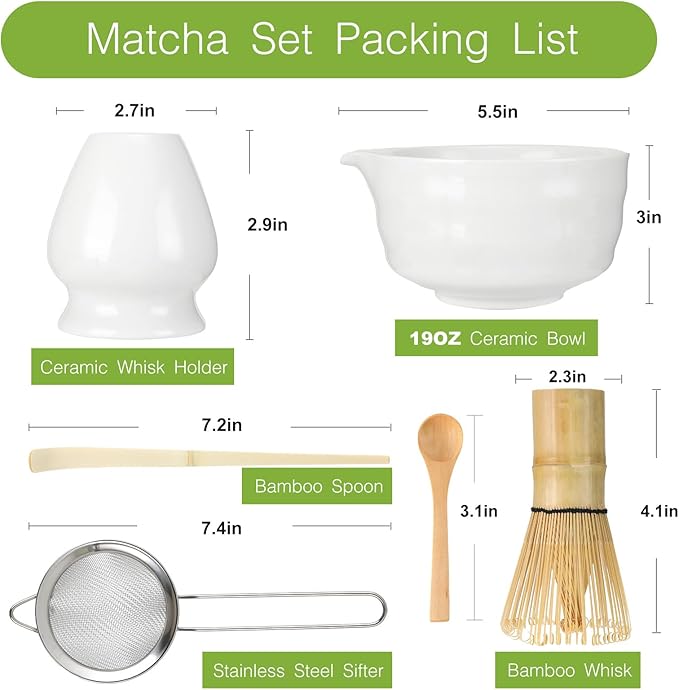 Matcha Whisk Set, 6 Pcs Matcha Set with Bamboo Matcha Scoop and Stainless Steel Sifter /Pouring Spout Ceramic Bowl/Matcha spoon/Matcha Whisk Holder, -19 oz Japanese Tea Ceremony Kit for Gifts (White)