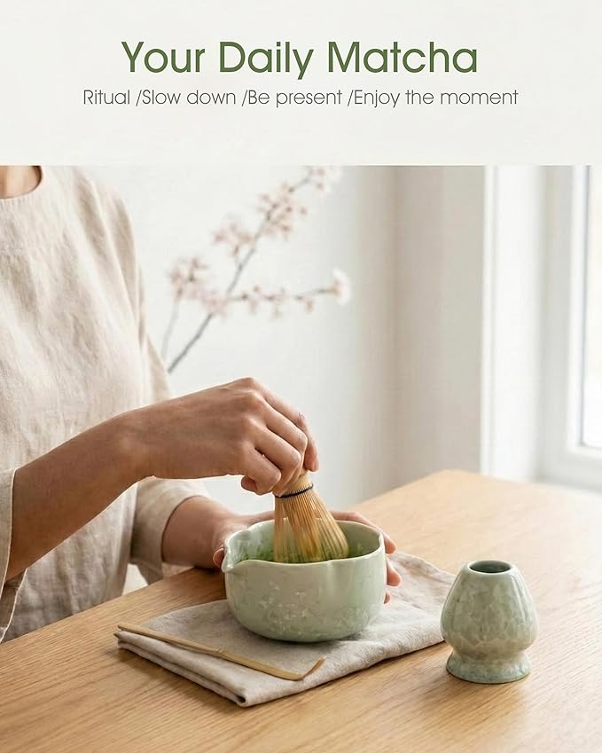 Matcha Whisk Set, 4-Piece Matcha Kit with Ceramic Matcha Bowl, Bamboo Whisk, Whisk Holder, scroop - Complete Matcha Tea Set Perfect for Beginners & Matcha Lovers Light Green