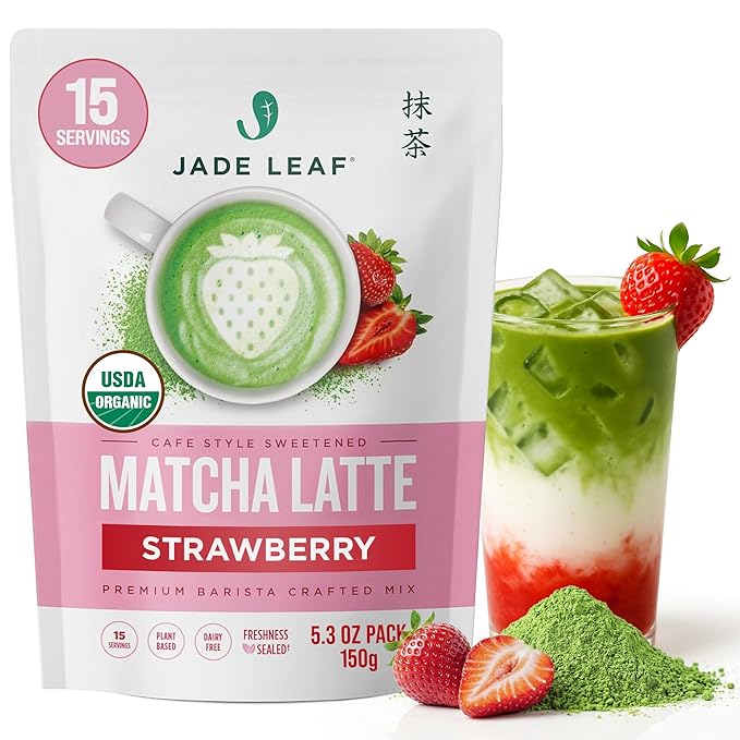 Jade Leaf Matcha Organic Strawberry Matcha Latte Mix - Lightly Sweet Japanese Matcha Green Tea Powder with Organic Cane Sugar for Café Style Blend, 5.3 Ounce / 150g (Pack of 1)