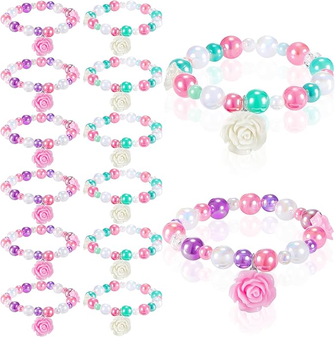 Ecally 12 Pcs Kids Bracelet for Girls Toddler Jewelry Flower Princess Party Favors Friendship Bracelets Adjustable Pretend Classroom Reward