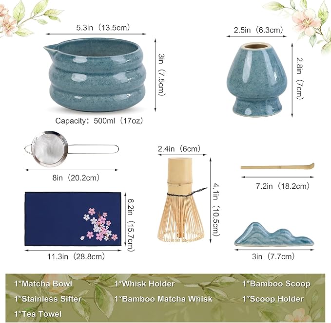 Blue Matcha Whisk Set, Ceramic Matcha Kit Set Valentine Gift Present Includes Matcha Bowl, Matcha Whisk and Holder, Bamboo Scoop, Scoop Rest, Sifter and Tea Towel - 7 Pcs Matcha Kit for Matcha Lovers