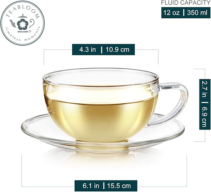 Teabloom Kyoto Teacup and Saucer Set 2-Pack – Large Size – 12 OZ/ 350 ML Capacity – Crystal Clear Design –– Premium Borosilicate Glass – Heat Resistant, Microwave Safe – Glass Mug Set