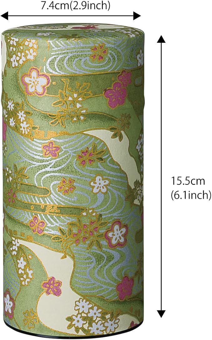 Japanese Tea Canister Tin Shikisai(Four Seasons Color) Green/Double Lid/Japanese Washi Paper Pasted /200g Tea Capacity/Loose Leaf Tea Storage/Storage Container with Lid