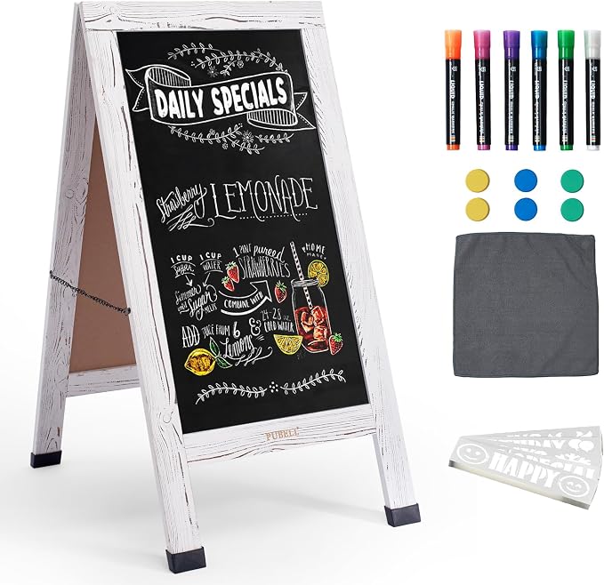 Large Sandwich A-Frame Chalkboard Sign - 40 x 20 Inches Magnetic Wooden Chalk Board for Sidewalk, Stand up Double-Sided Outdoor Easel Display for Restaurant Cafe Shop Wedding Party or Business（White） by Pubell