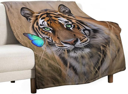 Beautiful Tiger Nature Grass Super Soft Throw Blanket, Blue Butterfly Flannel Fleece Decorative Throw for Sofa Couch Bedroom Decor Outdoor Use 60"x80"