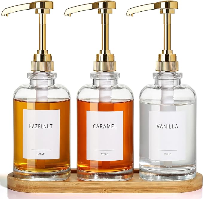 Coffee Syrup Dispenser, Glass Syrup Pump Dispenser for Coffee Bar Accessories, Maple Syrup Bottles with Tray, 16.9 fl oz Simple Syrup Bottles with 1/4oz Large Capacity Gold Pump by ALPIRIRAL