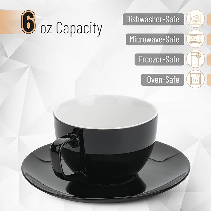 BTaT- Cappuccino Cups with Saucers 6 oz, Set of 6, Black Porcelain Coffee Cup and Saucer Set for Latte, Mocha, Tea, Au Lait, Flat White, Dishwasher, Microwave, Freezer and Oven Safe