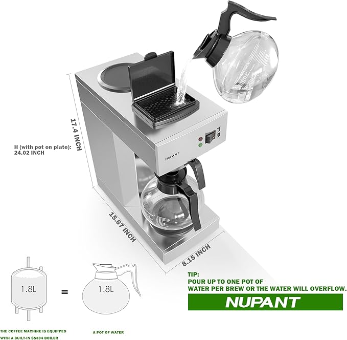 12-Cup Coffee Maker 1.8L Commercial Drip Coffee Maker Pour Over Coffee Machines with 2 Glass Carafes and 2 Warmers Plate Stainless Steel Coffee Brewer for Cofe Bar and Restaurant