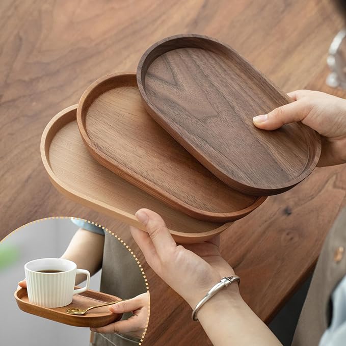 Wooden Mini Serving Tray for Parties, Tea & Coffee Table, Small Oval Wood Plate for Fruit & Snacks, Decorative Tray for Jewellery, Keys & Coins, Tray for Bathroom (Beech Wood, 7.8'4.66')