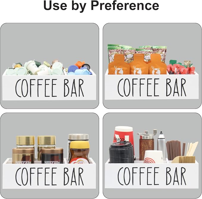 Coffee Station Organizer with Removable Dividers Disposable Cup Holder Wooden Countertop Organizer for Tea Condiment Accessories Storage Farmhouse Bar Decor Black (White) - Image 5