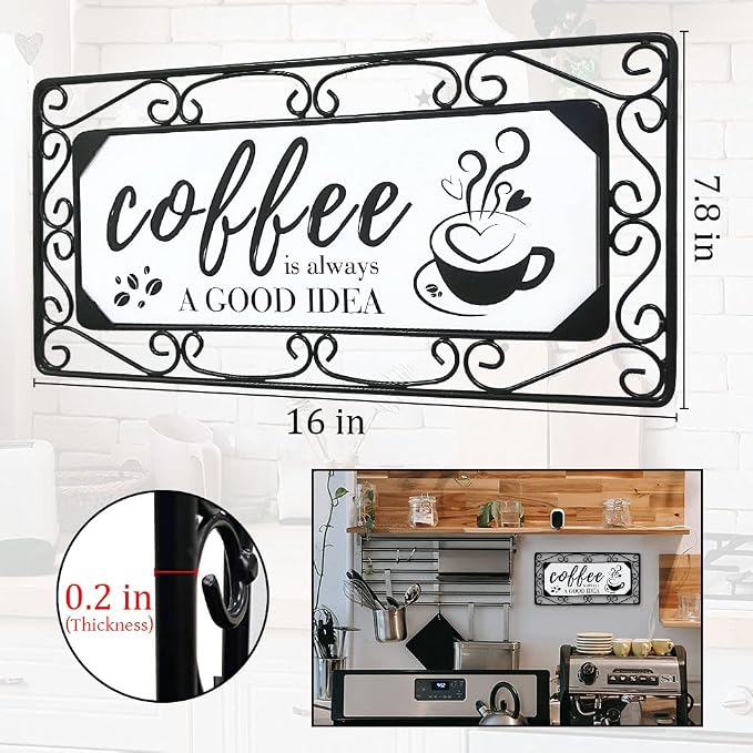 TIANCENTRAL H Metal Coffee Sign Wall Art, 16 x 7.8 Inch, Combine Wood & Scroll Frame, Perfect for Home, Kitchen, Cafe, Bar or Coffee Corner Decor - Image 2
