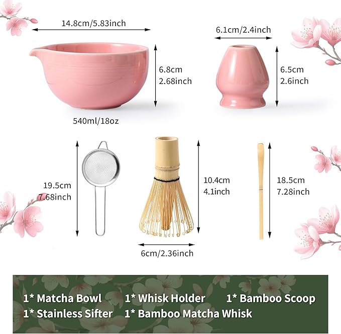 Matcha Whisk Set 5 Pcs, Matcha Kit Set Includes Matcha Bowl, Matcha Whisk and Holder, Bamboo Scoop and Sifter, Ceramic Matcha Set, Matcha Tea Set, Ideal Gift for Family/Friend (Pink)