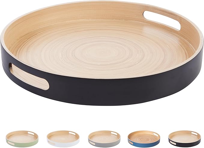 Decorative Tray for Coffee Table, Ottoman Tray, Round Wooden Serving Tray, Coffee Table Tray Decor, 13.75 in (Black)