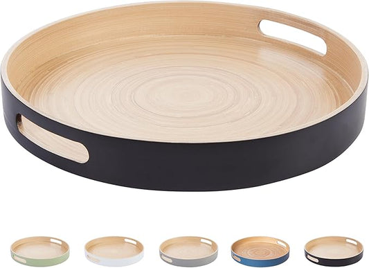 Decorative Tray for Coffee Table, Ottoman Tray, Round Wooden Serving Tray, Coffee Table Tray Decor, 13.75 in (Black)