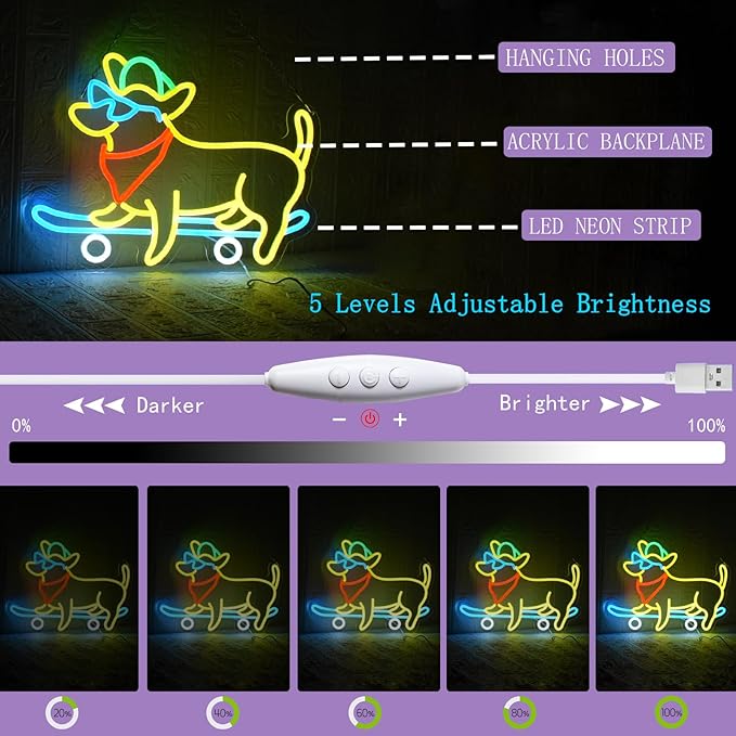 Dachshund Neon Sign Skateboard Dog Neon Sign with Cowboy Hat Animal Light Up Sign Dimmable Glasses Dog LED Neon Light for Pet Shop Bedroom Wall Home Party Decor, Dog Lover