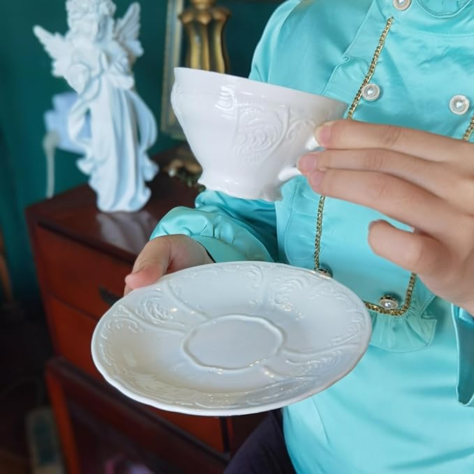White Fine Porcelain 7 Oz Teacup Saucer Set, Sculpture Surface, Light Weight, Set of Four
