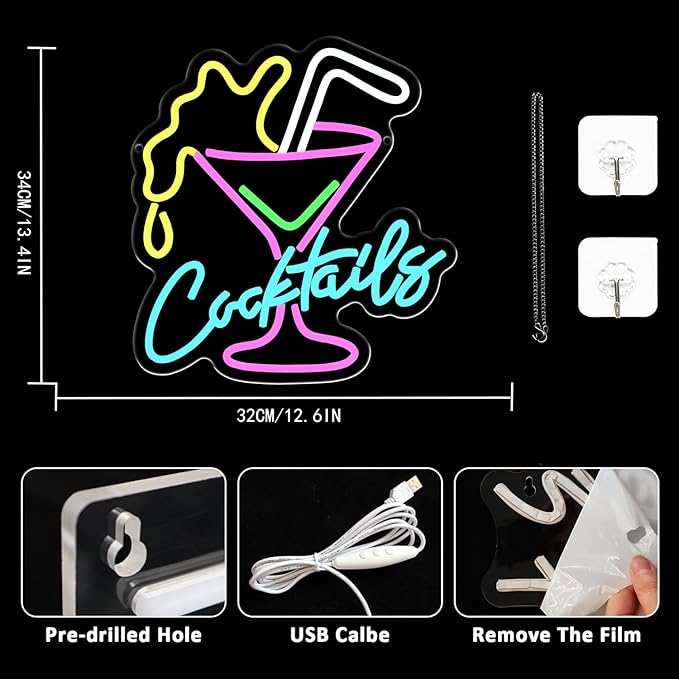 Cocktail Neon Sign for Wall Decor Bar LED Light up Signs Dimmable Cocktails Neon Lights for Bar Hotel Party Club Office Kitchen Restaurant Decoration