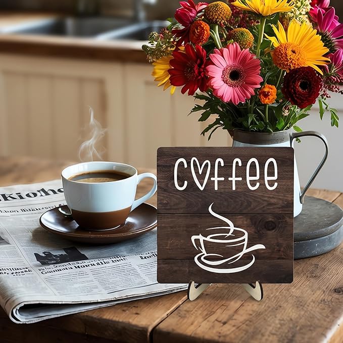 Coffee Bar Sign Plaque Decor,Coffee Bar Accessories,Rustic Wooden Tabletop Plaque with Stand, Minimalist Farmhouse Kitchen Counter Sign,Cute Mini Café Bar Decor Gift (Brown2, 5.9x5.9inches)